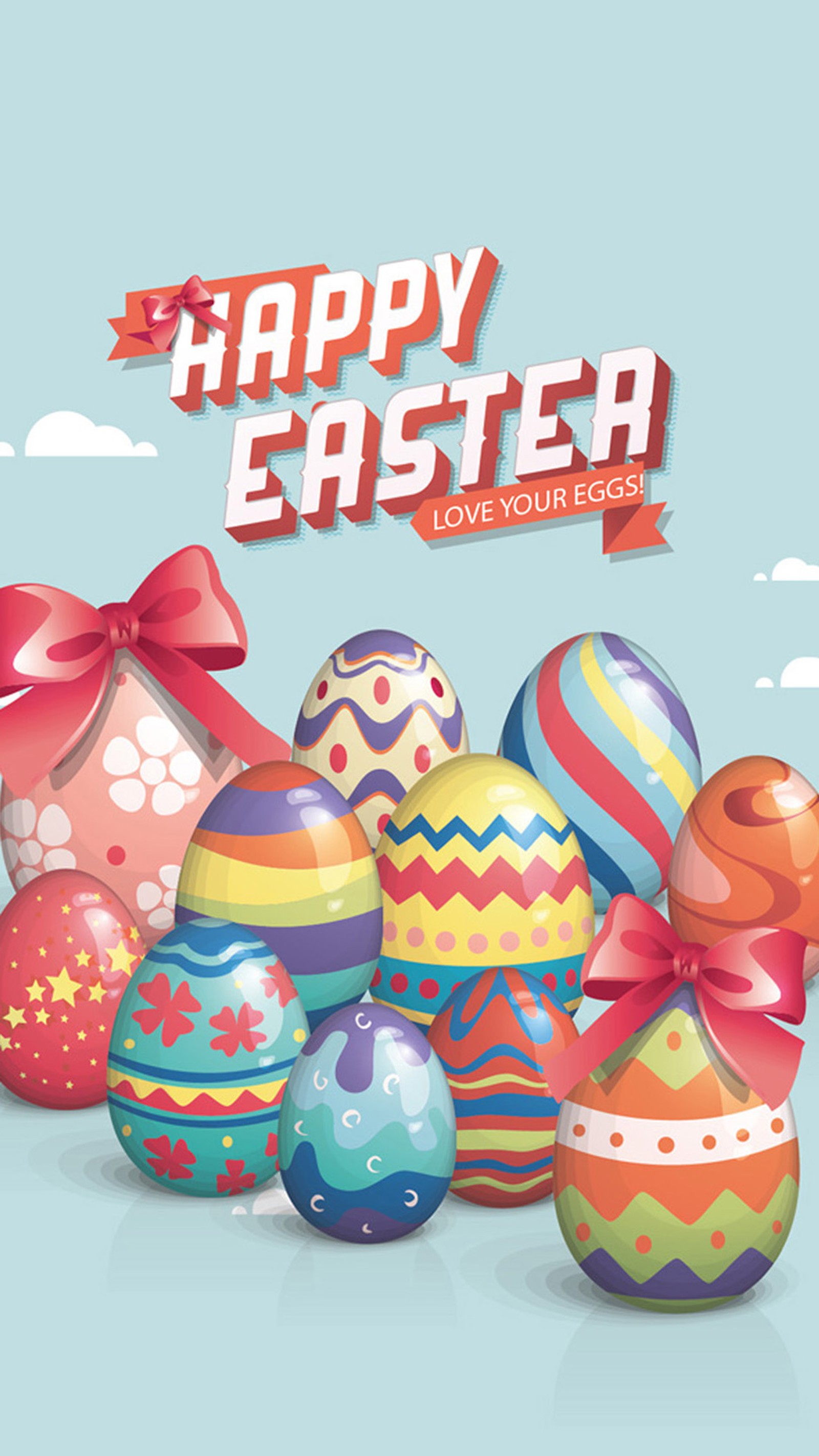 Happy easter card with colorful eggs and bow on blue background (easter, eggs, happy easter)