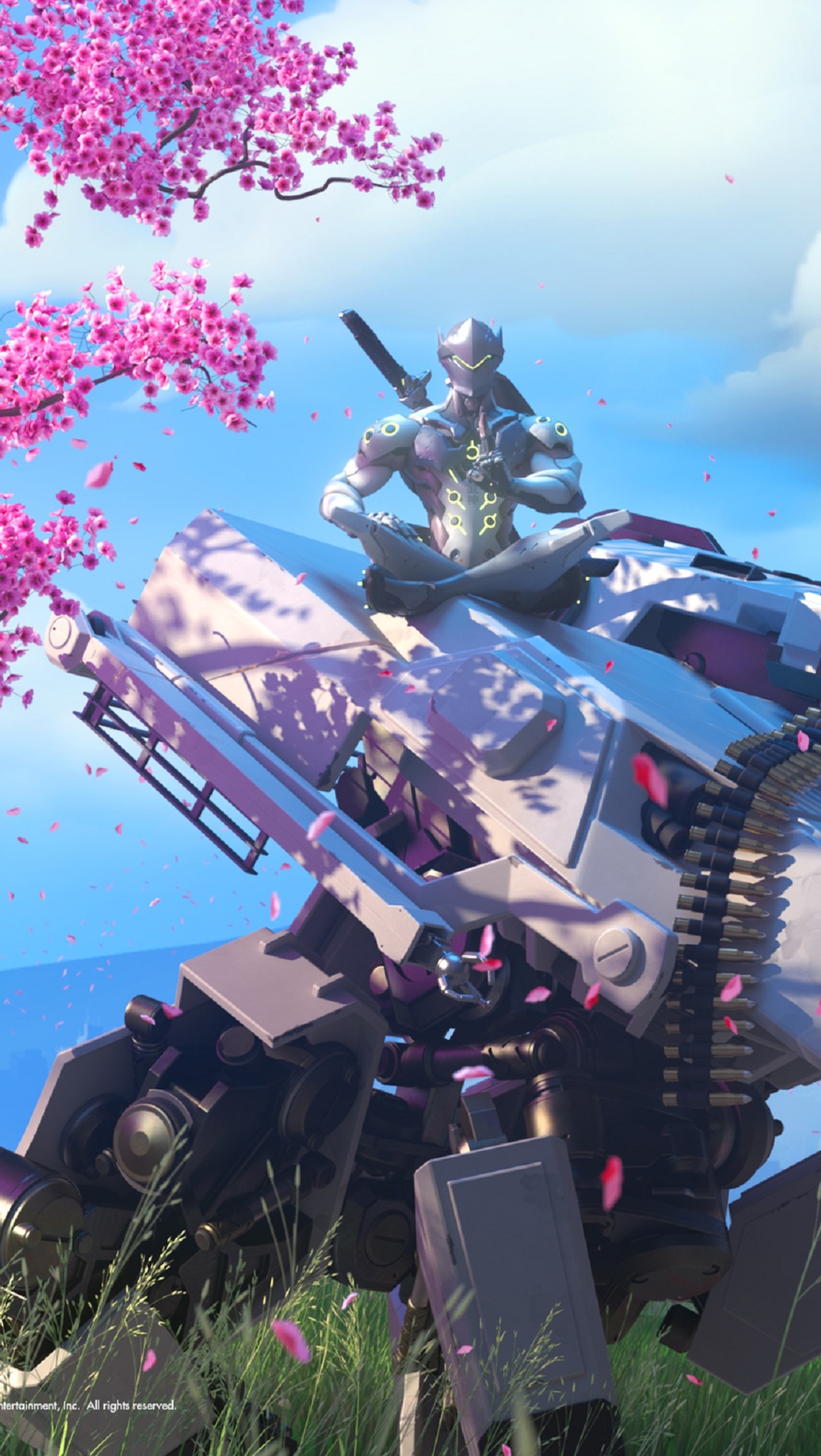 Anime - style tank with a man on top of it in a field (dragon, genji, overwatch, sword)