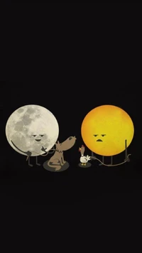 Eine skurrile Szene mit einem Cartoon-Mond, einer Sonne, einem Wolf und einem Huhn, die jeweils unterschiedliche Gesichtsausdrücke zeigen, vor einem dunklen Hintergrund.