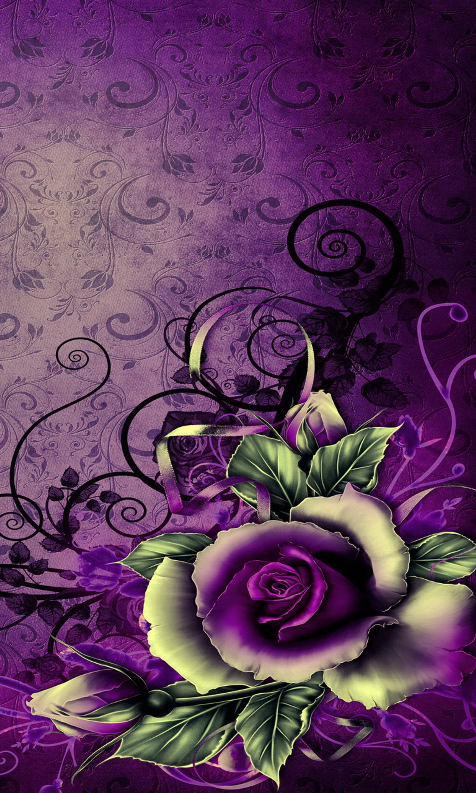 Rosas roxas com redemoinhos e vinhas em espiral em um fundo roxo (padrão, rosa roxa, design vintage)