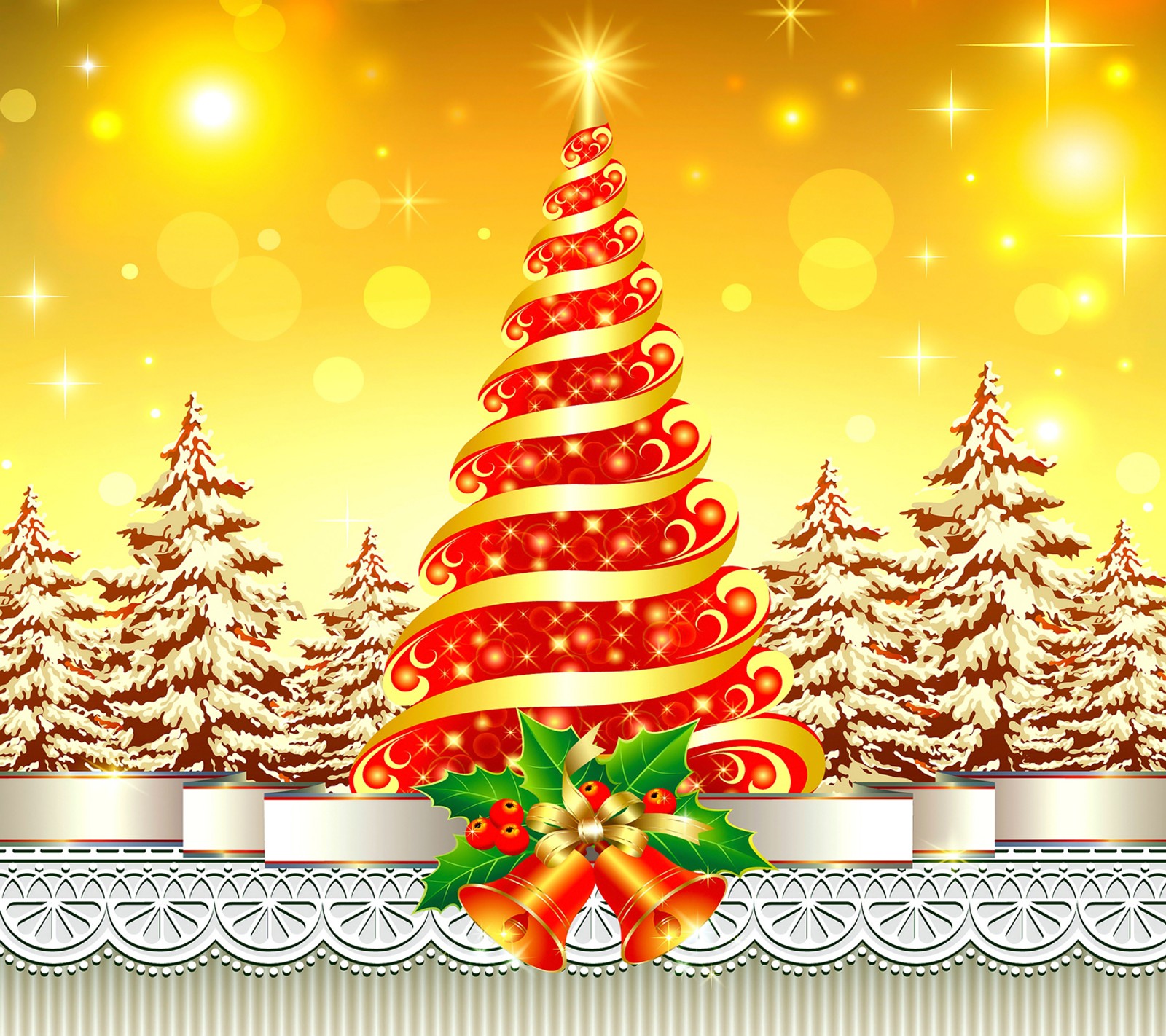 Christmas tree with bells and bells on a gold background (christmas, merry)