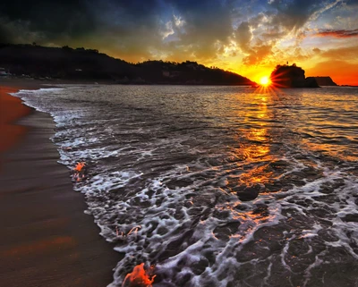 plage, sea shell, coucher de soleil, vague