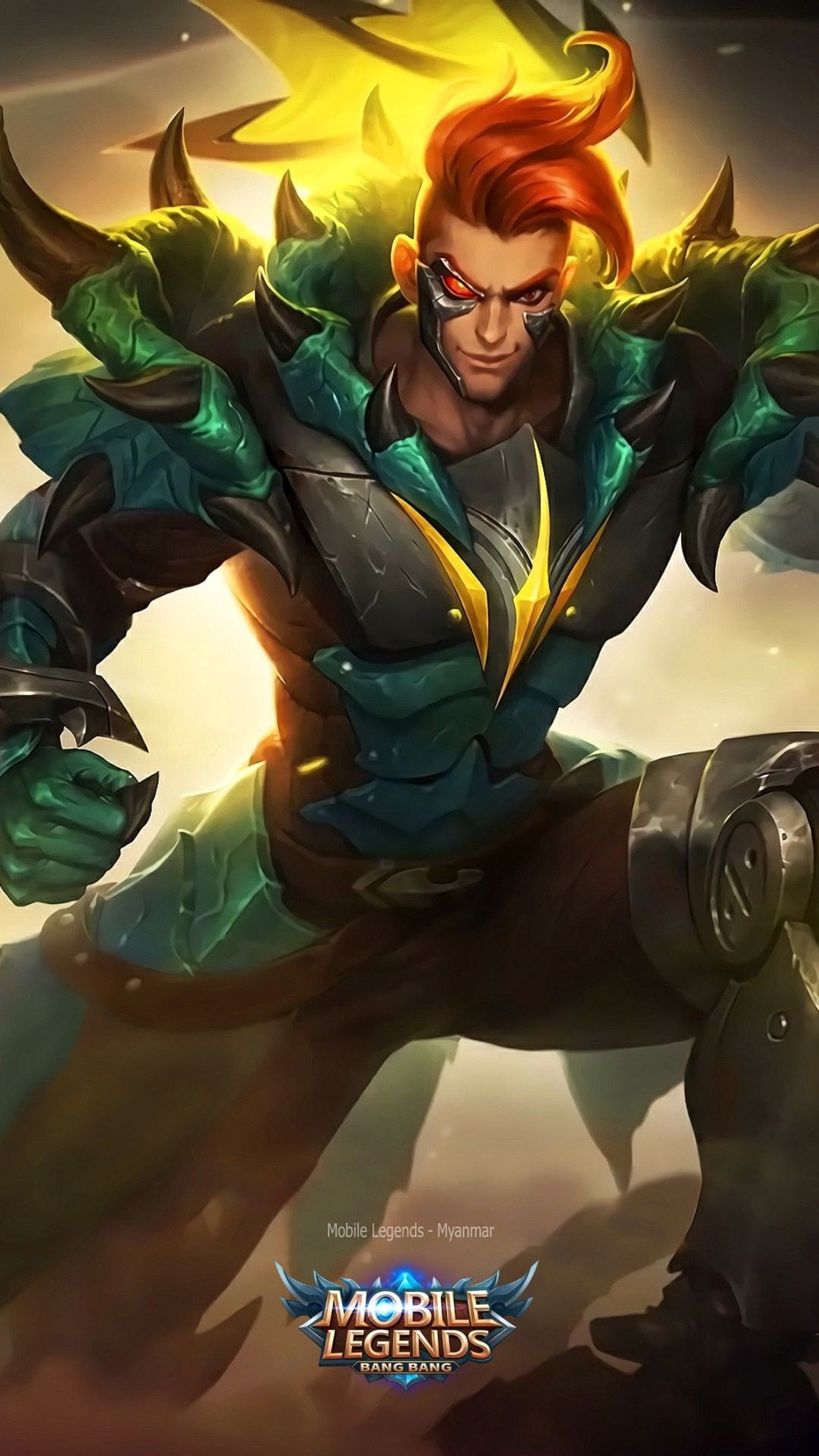 Um close de um homem com cabelo vermelho e um traje verde (adc, claude, claude mecha dragon, esport, jogos)