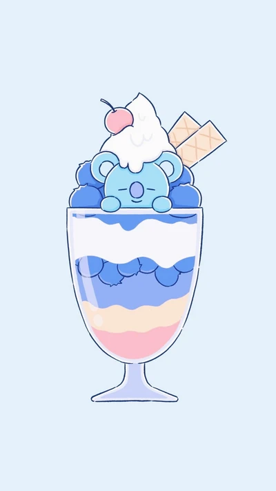 Cute koala-themed dessert parfait with layers of blue and pink, topped with whipped cream, a cherry, and a wafer.