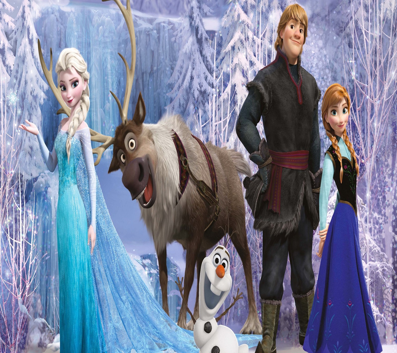 Personajes congelados de pie en un bosque nevado con un reno (frozen, película)