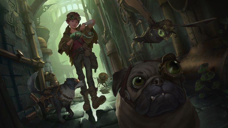 A close up of a pug dog in a hallway with a man and a dog (legends of runeterra, video game, sumpsnipe scavenger)