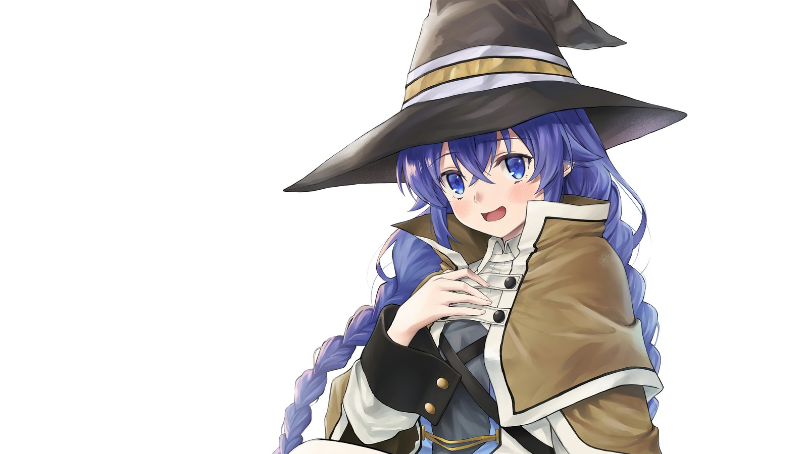 Chica de anime con cabello azul usando un sombrero de bruja y sosteniendo un bolso (mushoku tensei isekai ittara honki dasu, anime, isekai ittara honki dasu, lo intentaré seriamente si voy a otro mundo, 無職転生 異世界行ったら本気だす)