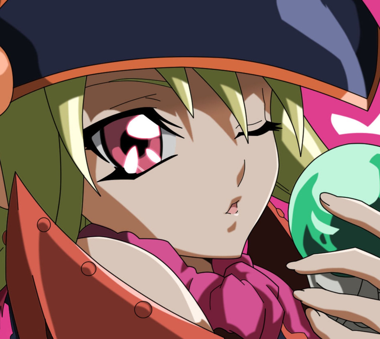 Anime girl with a hat and a green ball in her hand (anime, gagaga, girl, magician, wink)