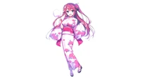 Airi Sakura en un vibrante kimono rosa adornado con patrones florales, mostrando su expresión alegre y su comportamiento juguetón.