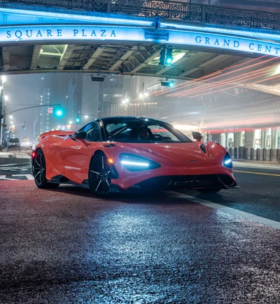 McLaren 765LT: Un impresionante coche deportivo en el paisaje nocturno urbano