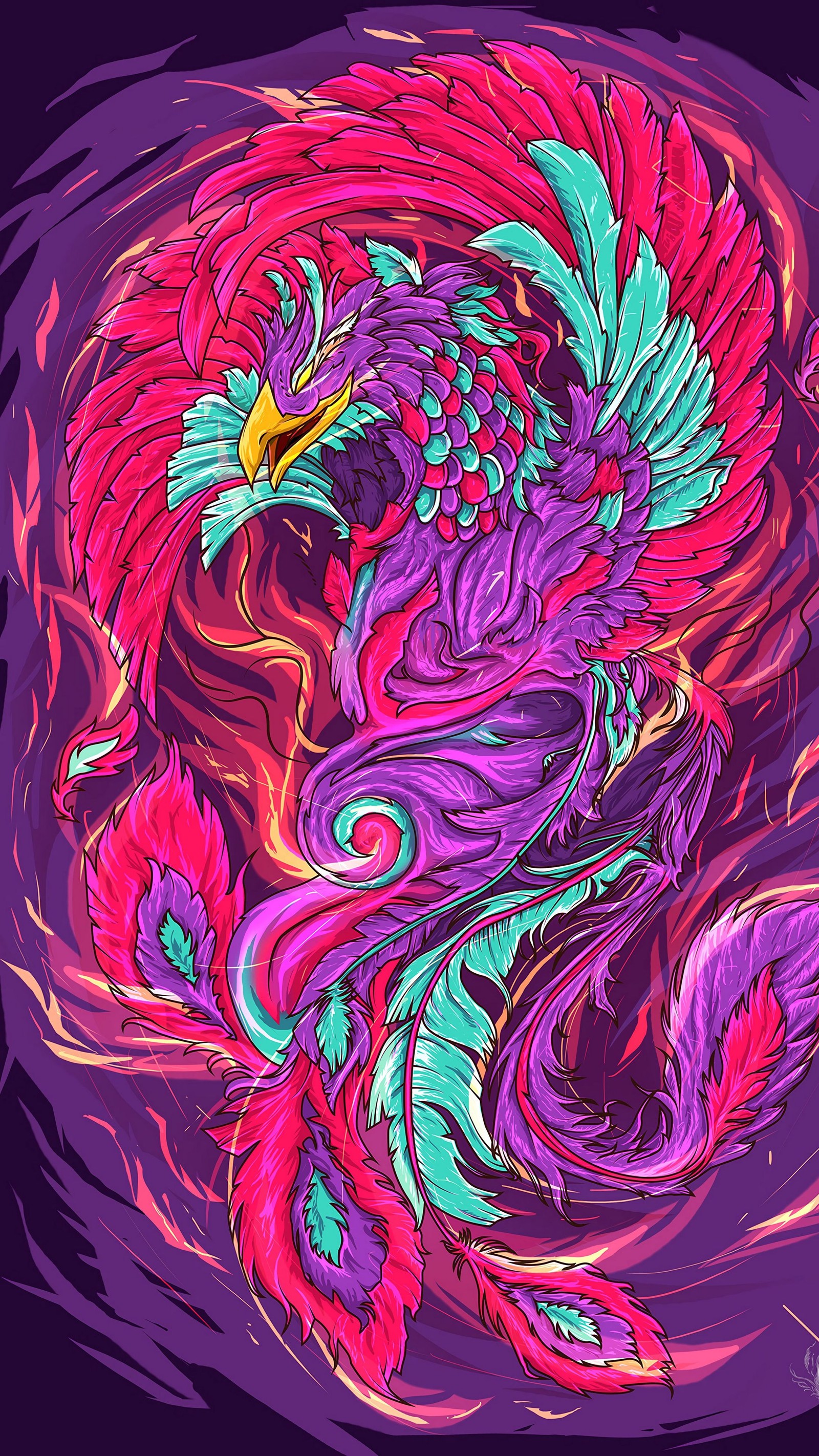 A close up of a colorful bird with a purple background (phoenix, painting, art, drawing, art paint)