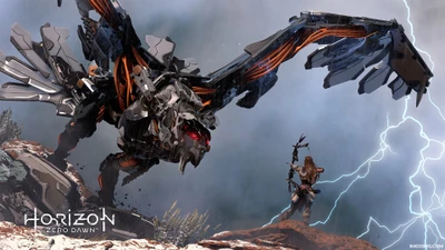 Aloy konfrontiert einen massiven robotischen Drachen in einer dramatischen Landschaft und zeigt die atemberaubenden Grafiken und das intensive Gameplay von Horizon Zero Dawn.