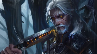 Geralt de Riv, brandissant une épée mystique, incarnant l'essence d'un chasseur de monstres de "The Witcher".