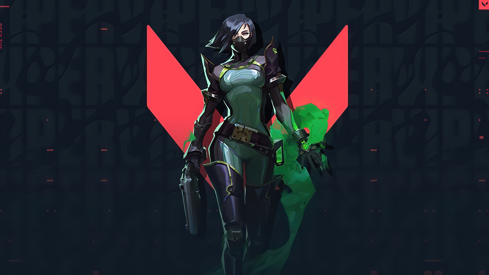 A woman in a green outfit holding a gun and standing in front of a red background (valorant, video game, viper)