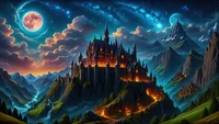 castle, fantasy, full moon, night, sky wallpaper