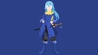 Rimuru Tempest em traje azul icônico com uma katana, representando "Aquela vez que fui reencarnado como um slime.