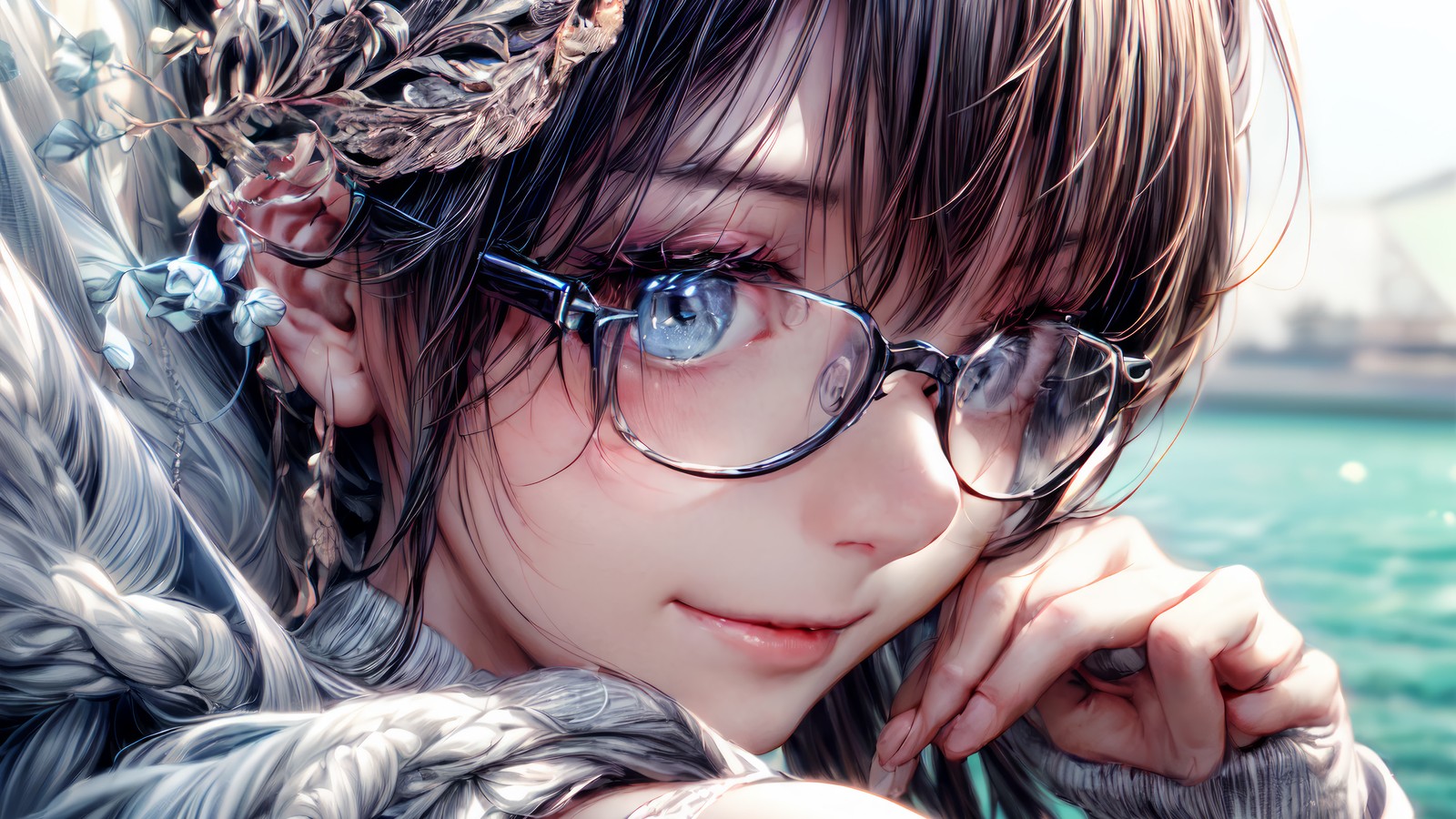 Chica de anime con gafas y trenza posando junto al agua (niñas de anime, anime, gafas, arte digital)