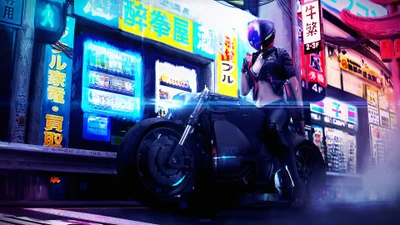 Futuristischer Biker in neonfarbener Stadtlandschaft