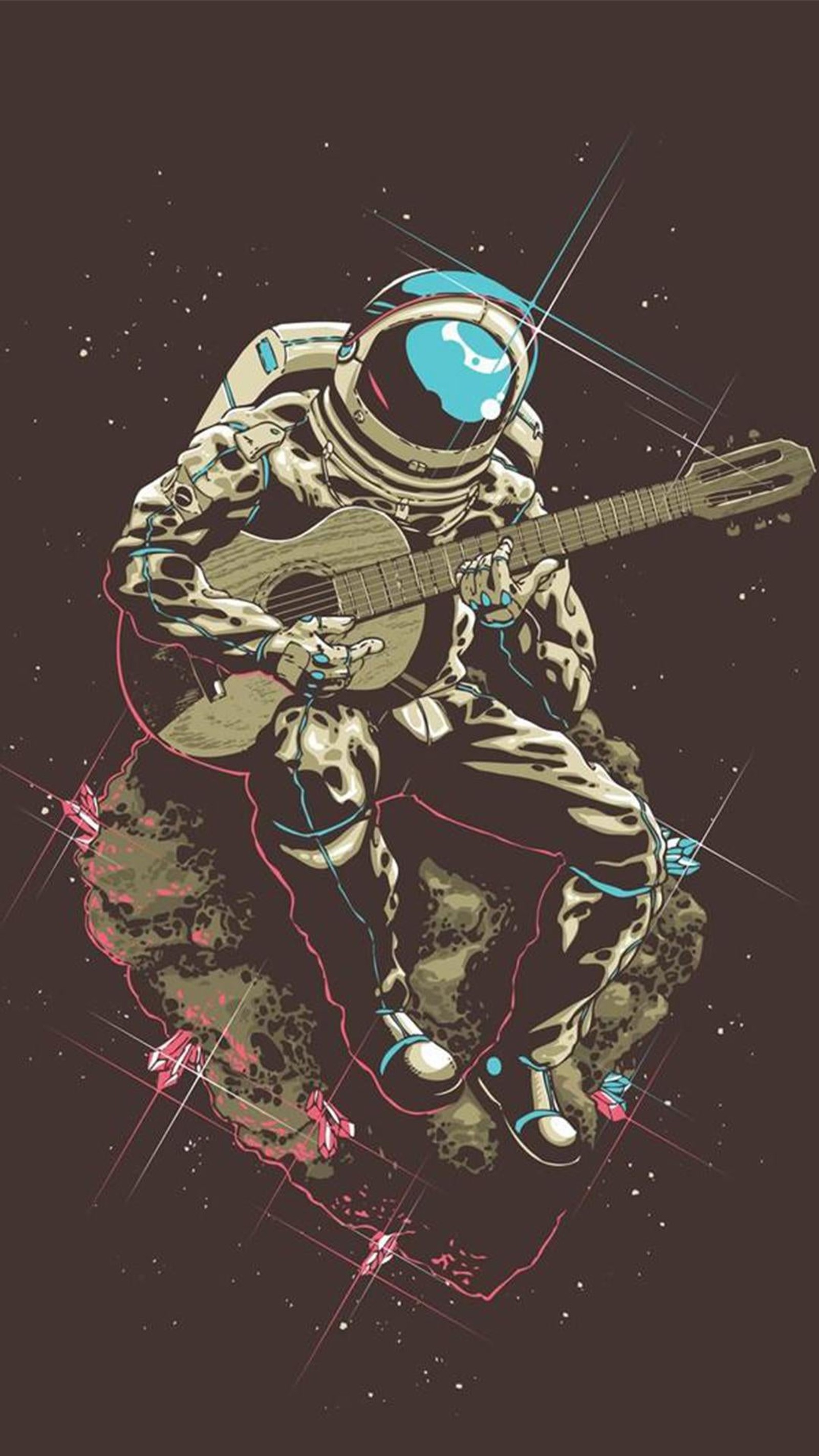 Ein mann im raumanzug spielt gitarre auf einem felsen (telefon, astronaut, astronomisches objekt, kunst, raum)