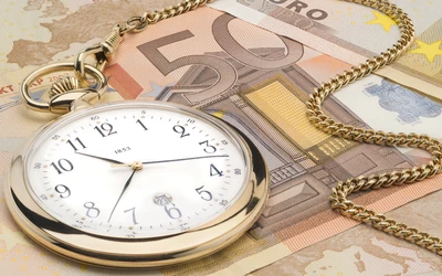 Elegant Pocket Watch on Euro Banknotes with Gold Coin