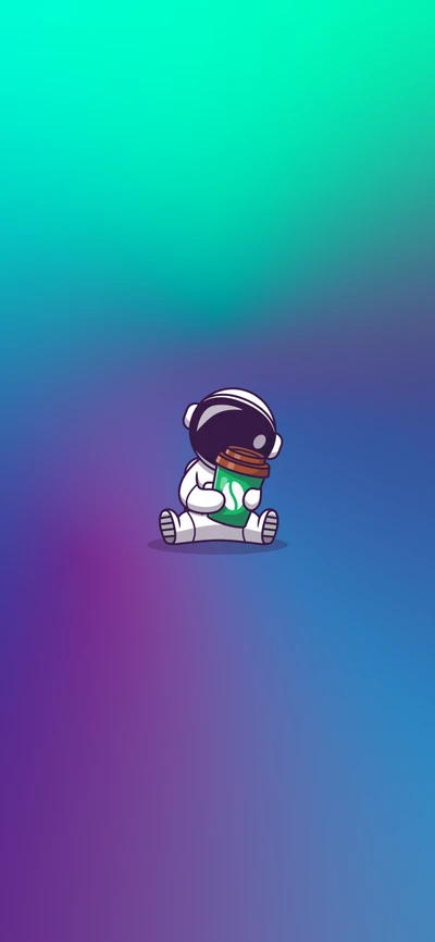 Astronauta colorido de desenho animado segurando uma bebida