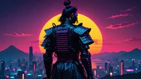 Samurai futurista contra um horizonte iluminado pela lua de néon