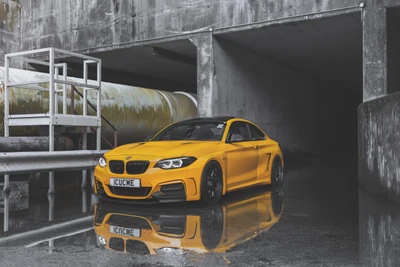 BMW Série 2 M Coupé jaune : Une voiture de sport de luxe compacte dans un cadre urbain