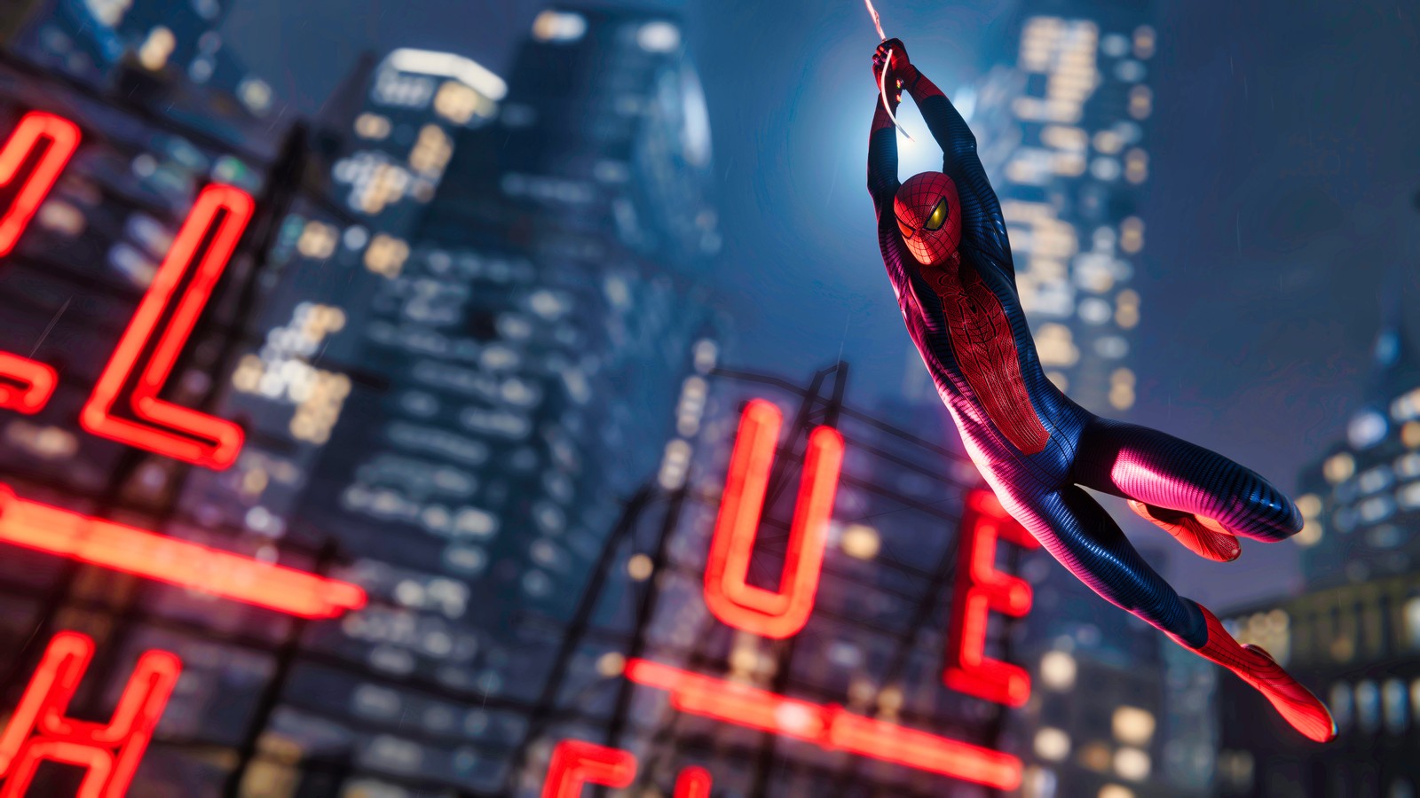 Spider-man suspendu à une corde devant une ville la nuit (marvels spider man, 2022, jeux pc, spiderman, jeux)