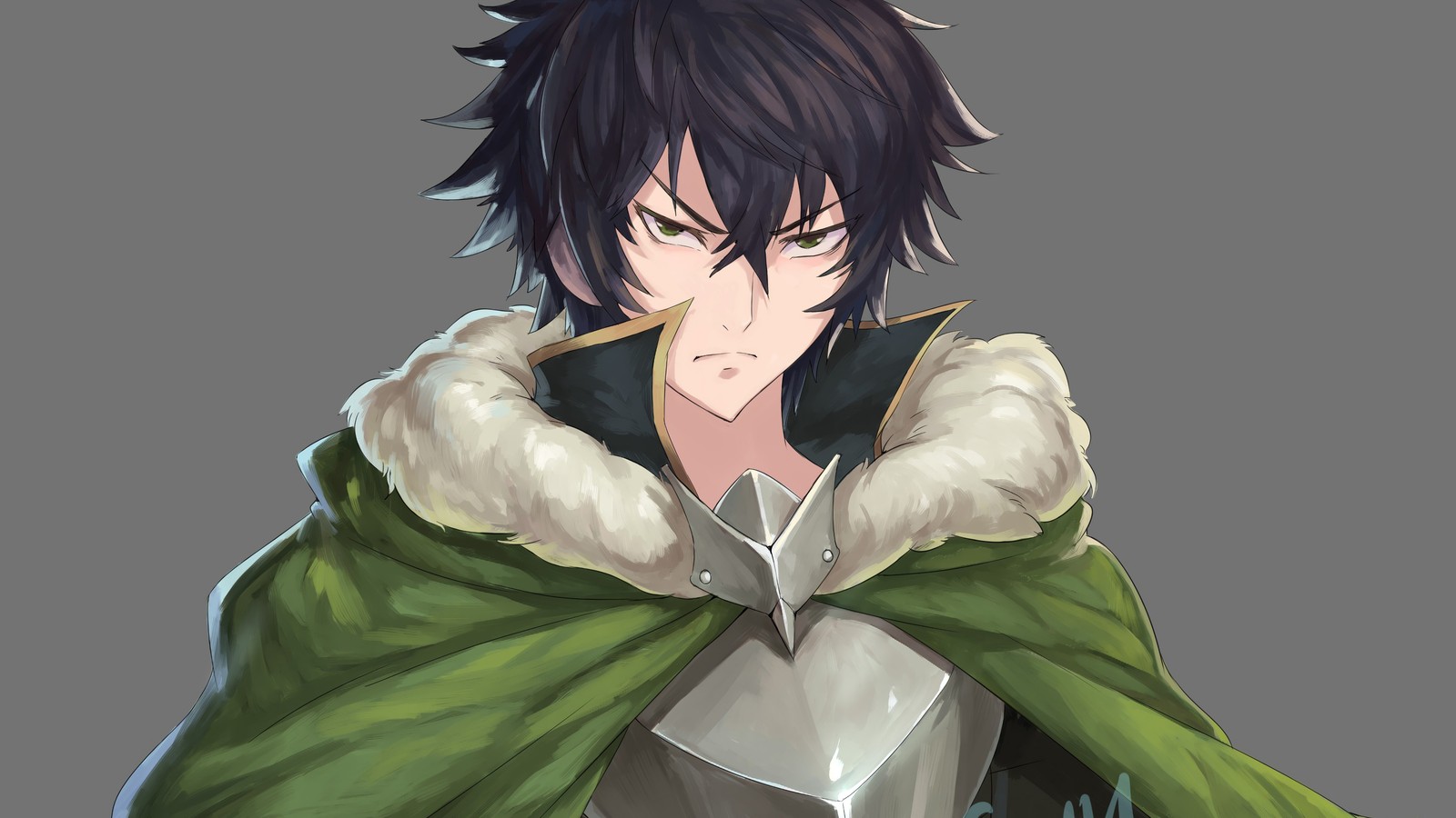 Un primer plano de una persona con una capa verde y una capa verde (naofumi iwatani, the rising of the shield hero, tate no yuusha no nariagari, anime)