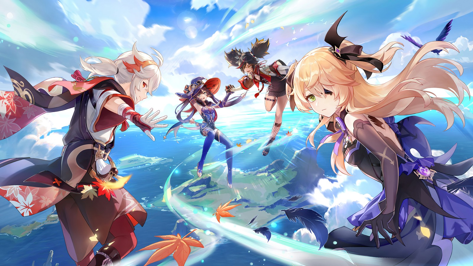 Hay un grupo de chicas de anime volando por el cielo. (genshin impact, videojuego, kaedehara, kazuha, fischl)