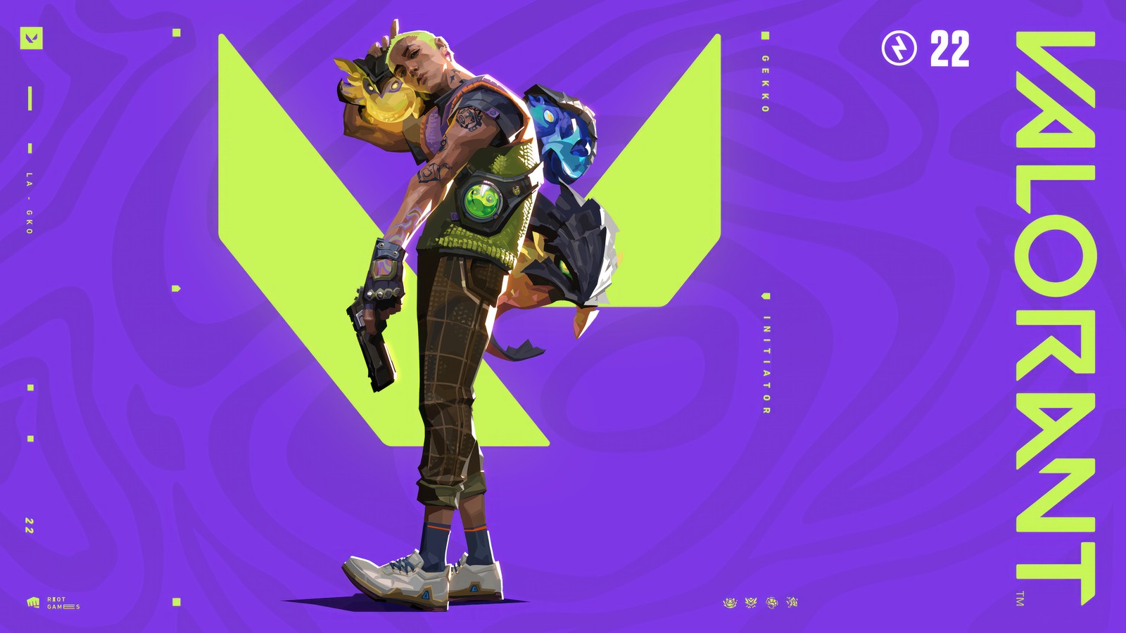 A purple and yellow poster with a man in a backpack (valorant, video game, gekko, purple)