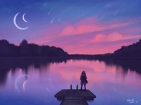 Moonlit Reflection: A Serene Evening by the Violet Lake