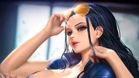 Nico Robin aus One Piece in einer stilvollen Pose mit Sonnenbrille, die ihre selbstbewusste und fesselnde Ausstrahlung zeigt.