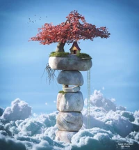 Surreal Winter Landscape: A Towering Stone Stack with a Vibrant Treehouse Amidst Frosty Clouds