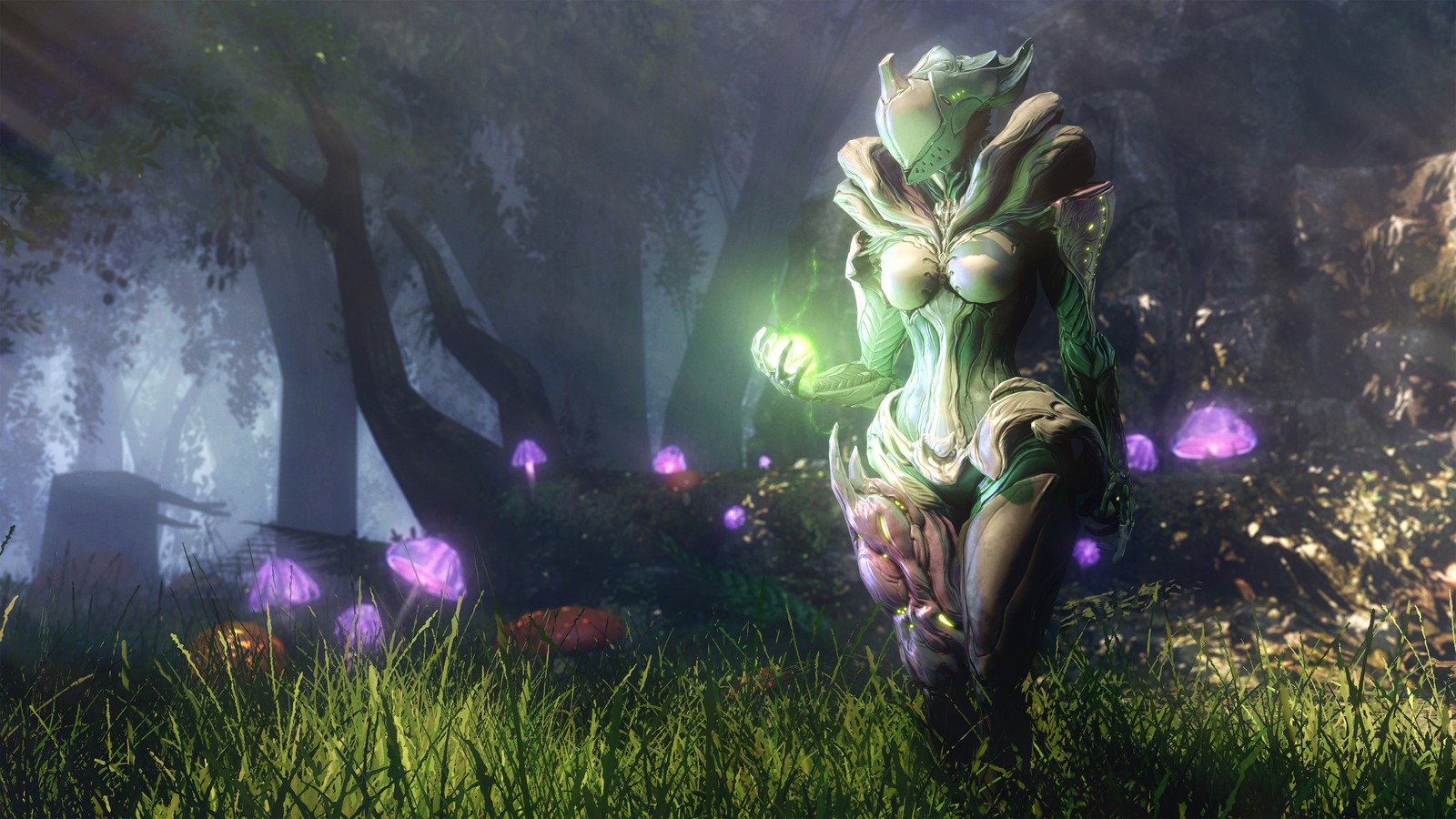 Una mujer en un vestido verde de pie en un bosque con flores moradas (warframe, pasto, planta, personaje ficticio, molino)