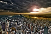 Dramatic Manhattan skyline under a moody sky, showcasing urban architecture and vibrant city life at sunset.