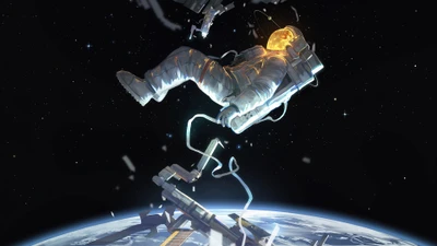 Anime Astronaut Floating Above Earth with a Planetary Moon