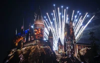 the wizarding world of harry potter, harry potter, landmark, fireworks, night