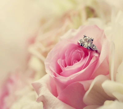 Anillo elegante descansando sobre una suave rosa rosa