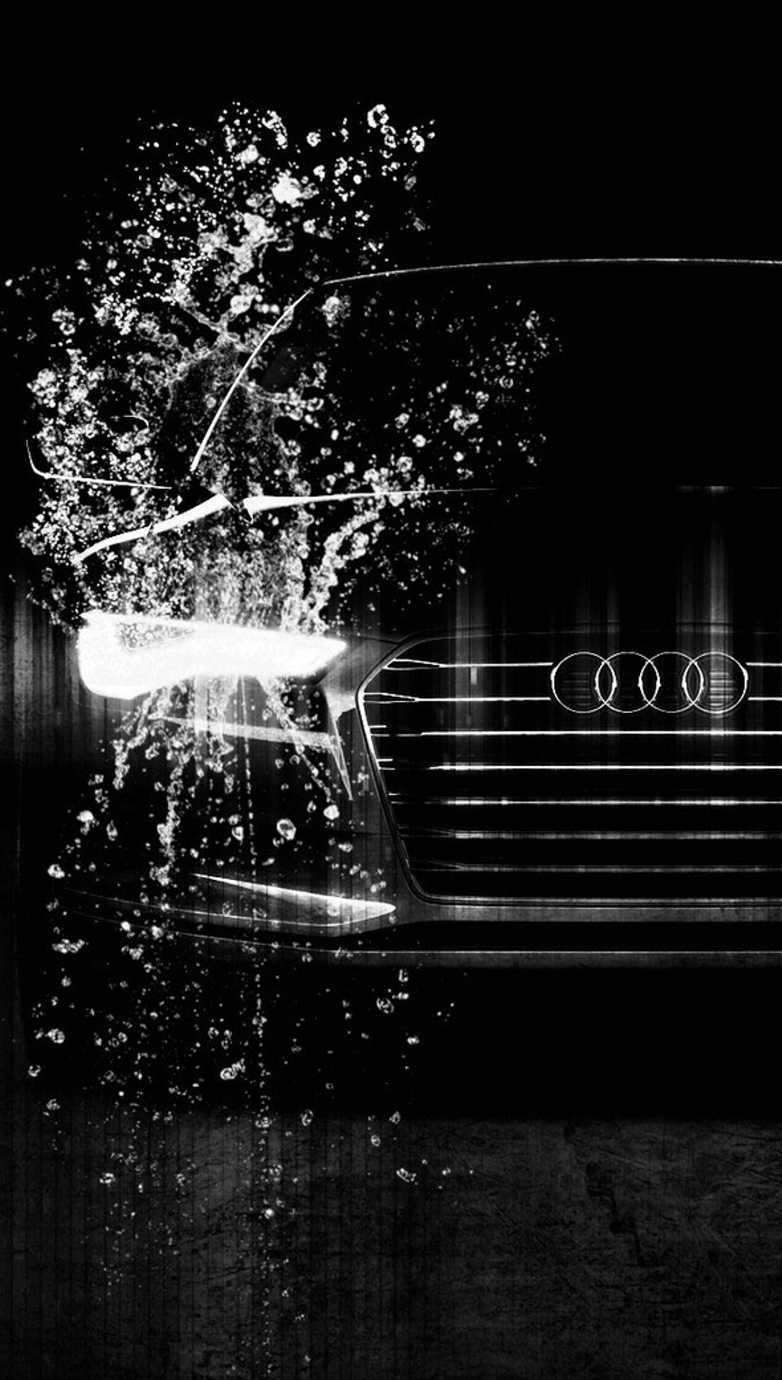 A black and white photo of a car with a splash of water on it (black, car, speed, splash, water)