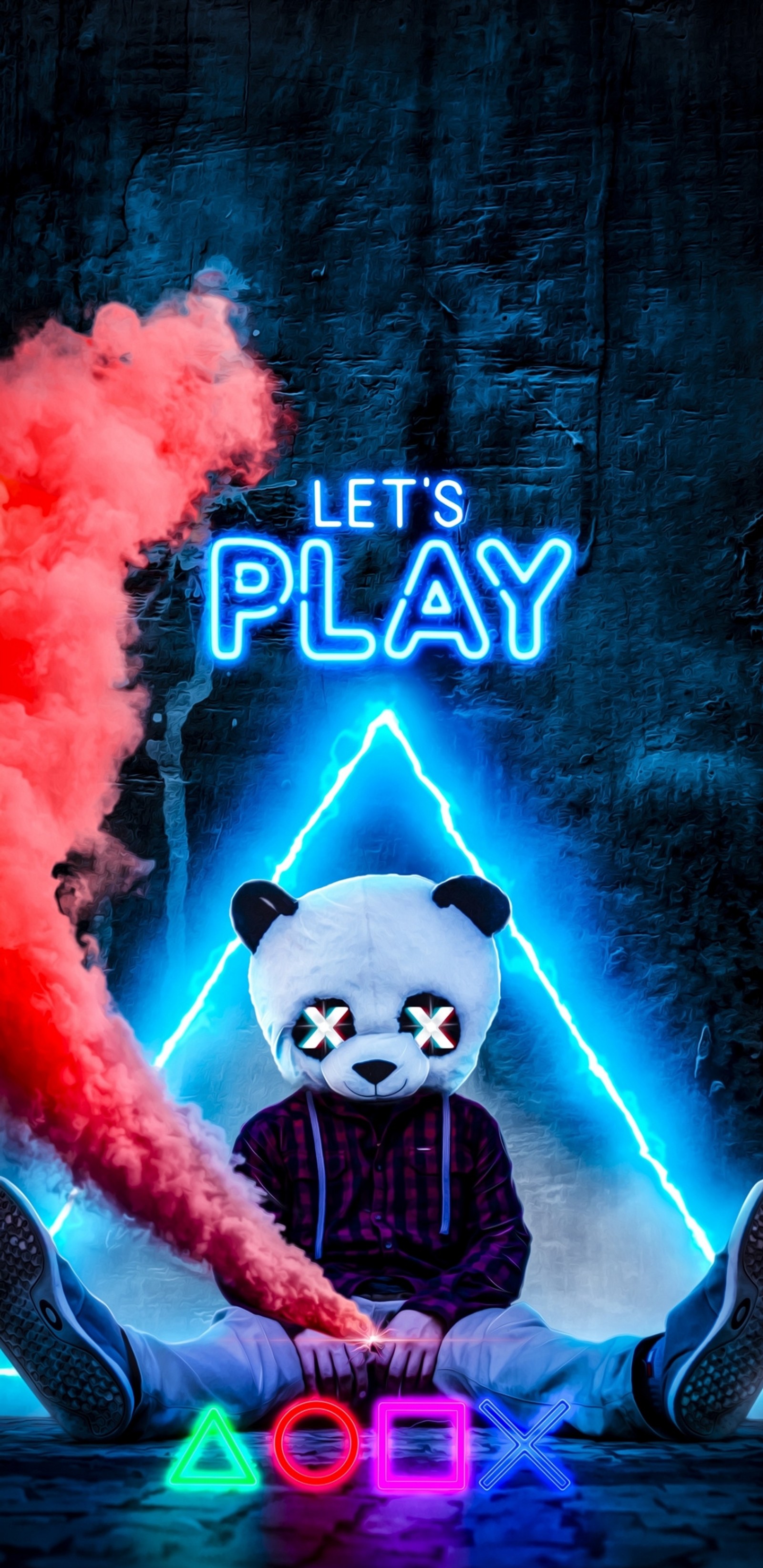 Ein panda sitzt auf dem boden mit einem neonzeichen (neon, panda, technologie, thema)