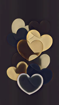 Layered hearts in various shades and transparencies on a dark background.