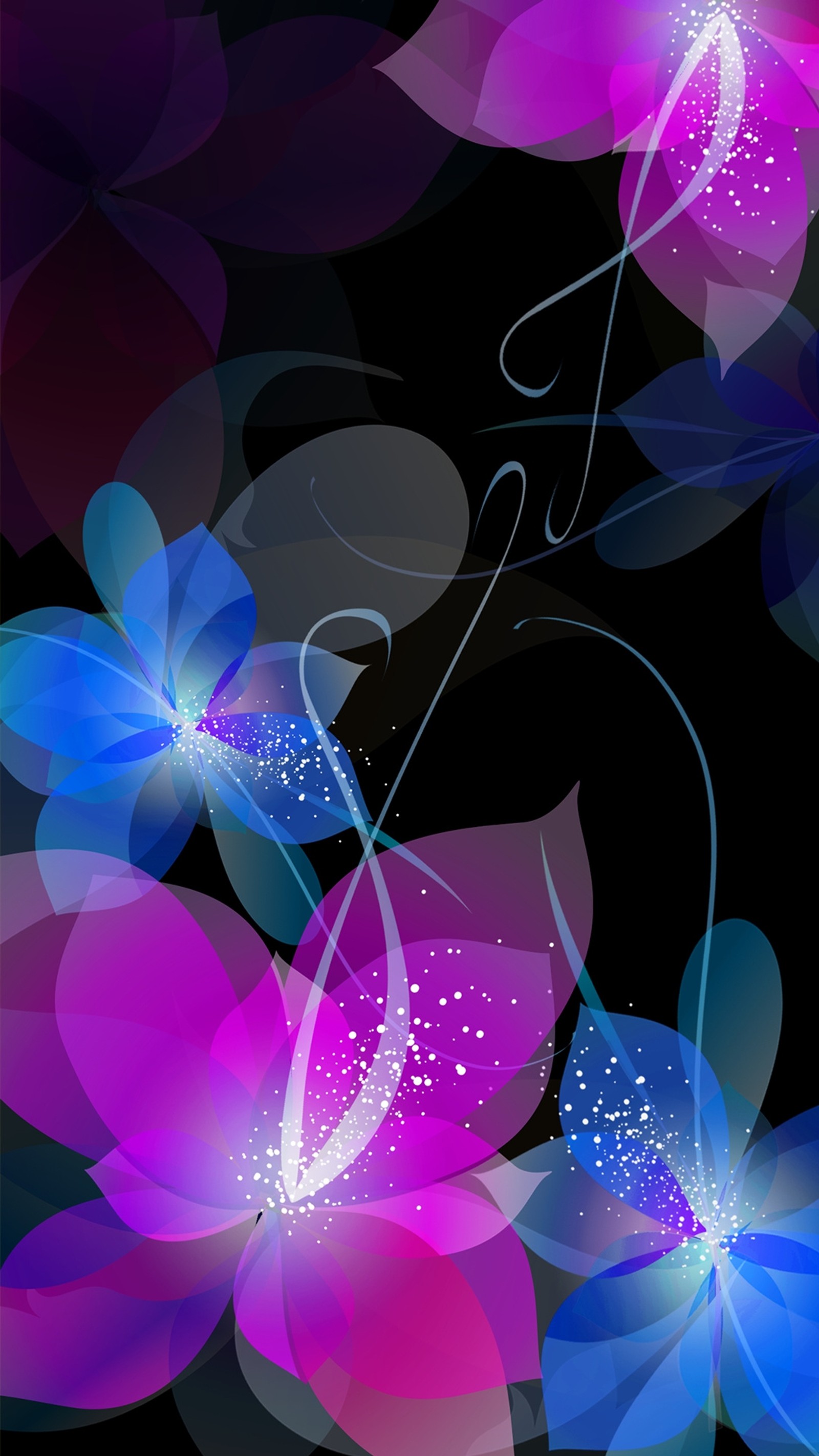 Flores con un fondo negro y una flor azul y rosa (abstracto, diseño de belleza, azul, flores, rosa)