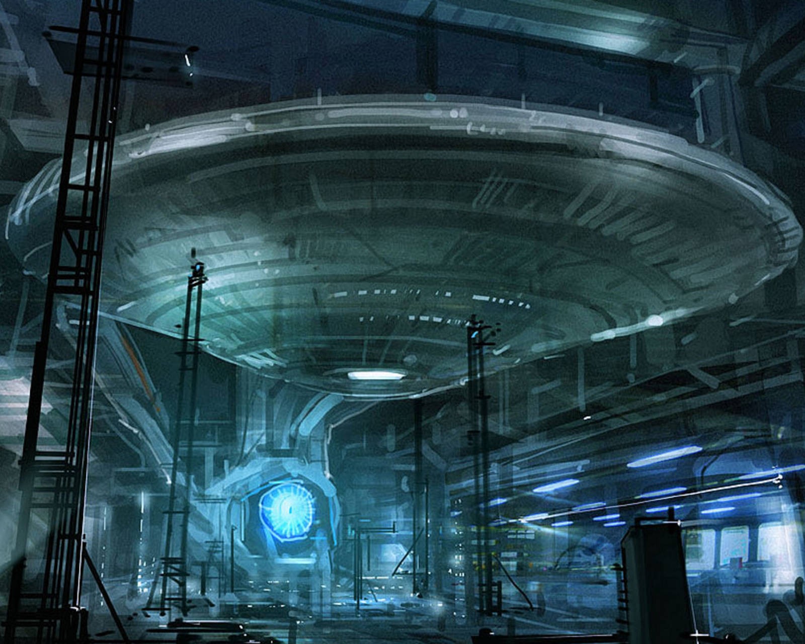 Imagem desfocada de uma estação espacial futurista com uma grande estrutura circular (desenhar, espaço, nave espacial, star trek)