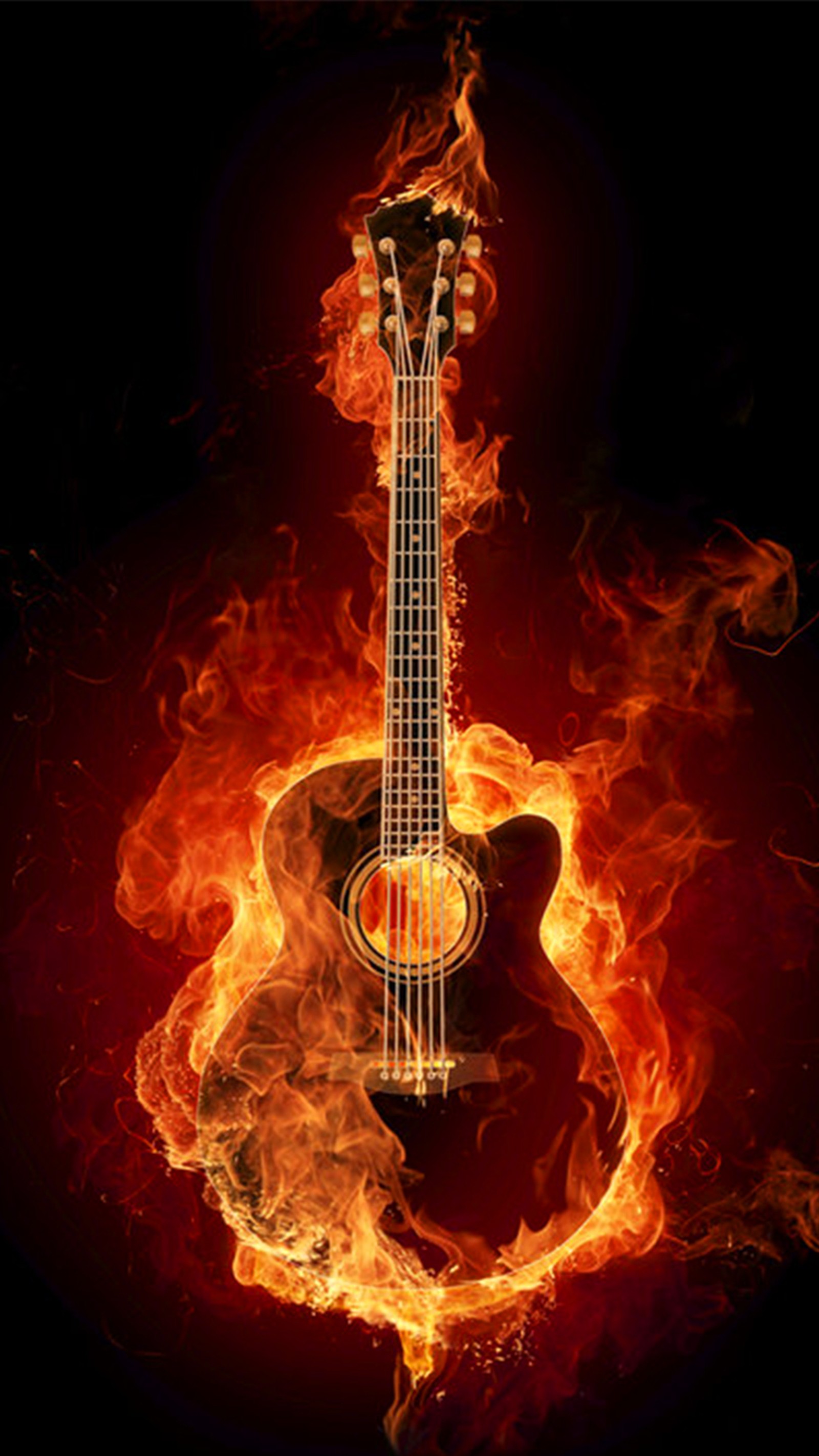 Un gros plan d'une guitare en feu sur un fond noir. (feu, feu de guitare)