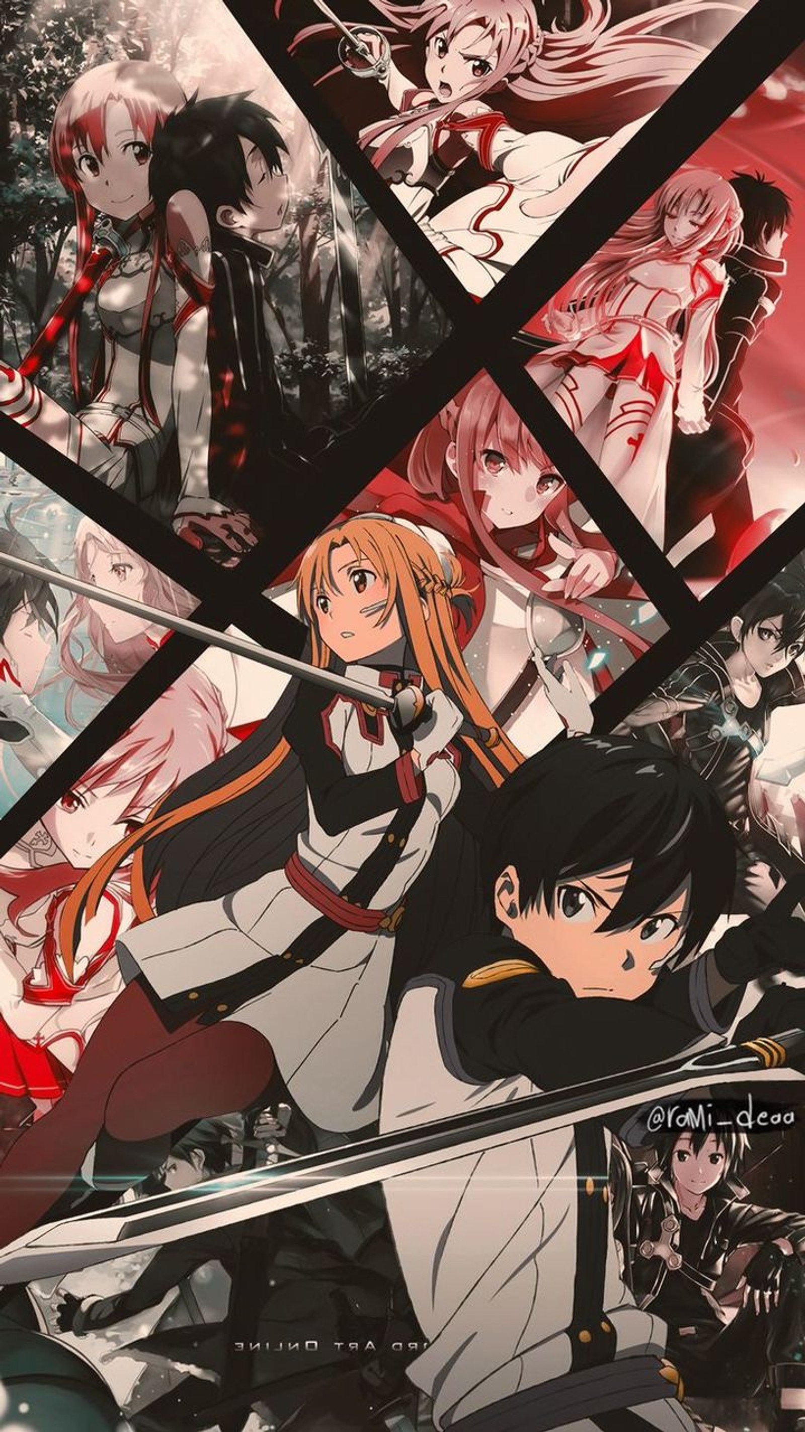 A close up of a bunch of anime characters with swords (anime, art, asuna, kirito, online)