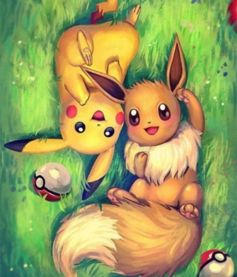 Картина двух покемонов, лежащих на траве с мячом (милый, иви, eevee, pikachu)