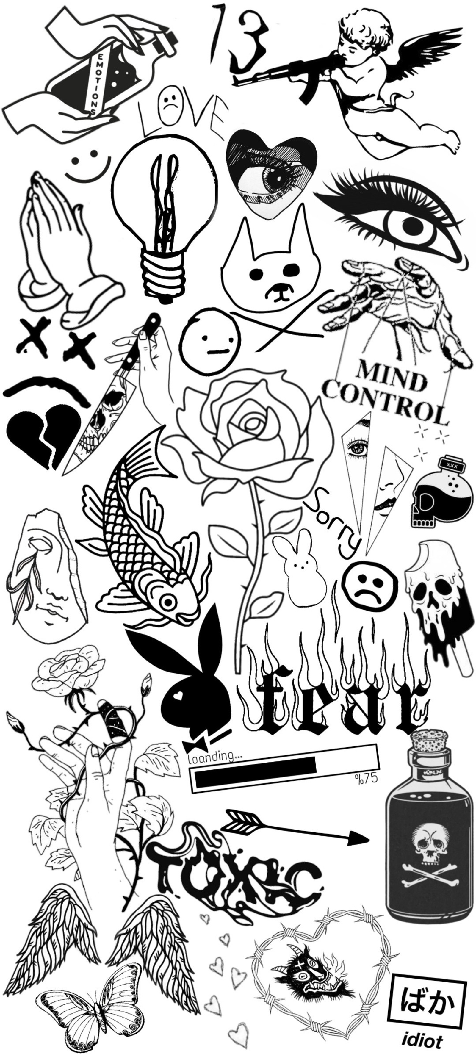 A black and white drawing of various tattoos and a bottle of alcohol (art, black, white)