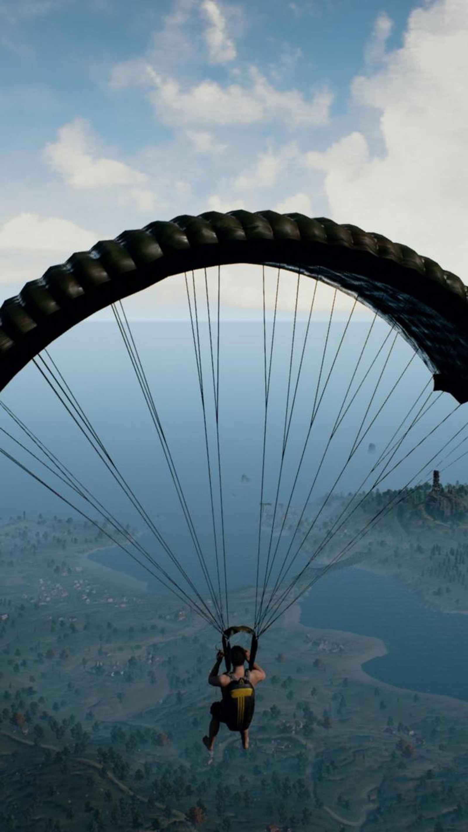 Arafed parachutist flying over a lake with a parachute (jump, player, unknown)