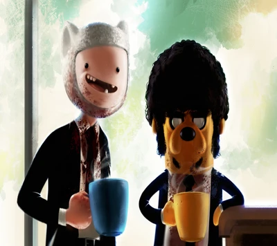 Adventurous Duo: Cartoon Twist on Pulp Fiction